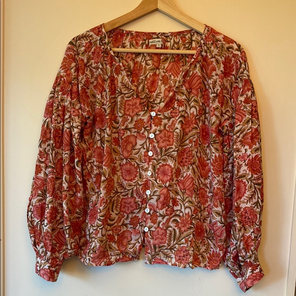 NATURA  SMALL Red Puff Sleeve Blouse Relaxed Fit